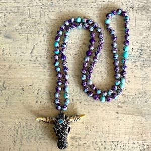 NWOT Gemstone Steer Head Pendant Necklace 37”